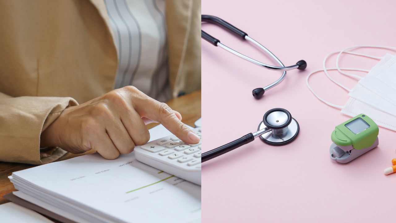 Professional calculating at desk beside stethoscope and medical tools, representing the physical cost of chronic stress on health and wellbeing.